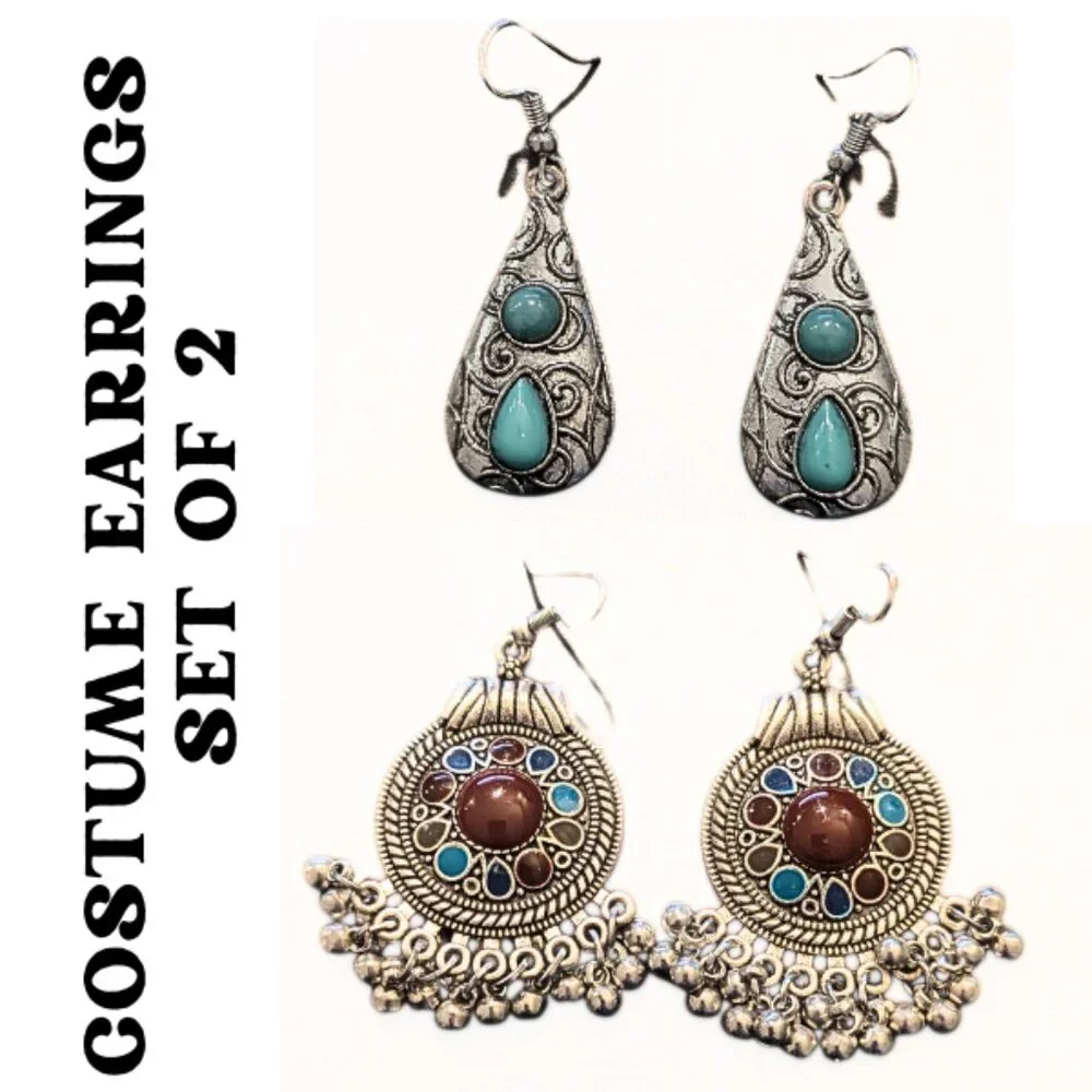 Costume Earring Lot, Set of 2, Silver Colored, Drop Dangling Earrings - Picture 1 of 5